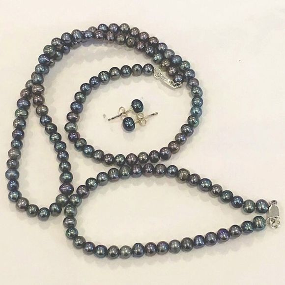 Peacock Cultured Pearl Sterling Silver Jewelry Set - Picture 5 of 10